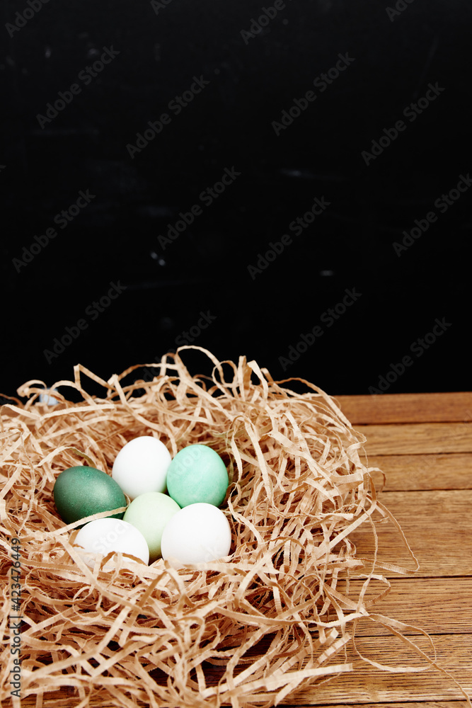 Fototapeta premium painted eggs in the nest decoration holiday Easter dark background