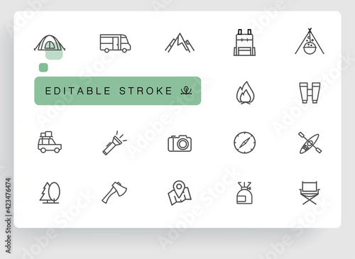 Camping in national parks in nature. Equipment for hiking or expedition to the mountains or forest with overnight stay. Extreme rest. Vector icons with editable lines.