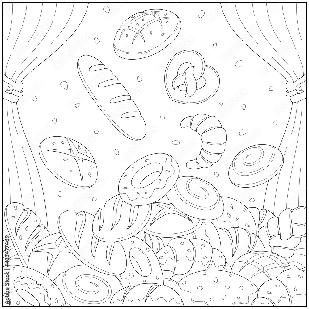 Fantasy Bread rain in bakery shop. Learning and education coloring page illustration for adults and children. Outline style, black and white drawing