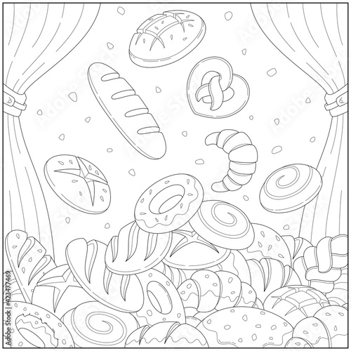 Fantasy Bread rain in bakery shop. Learning and education coloring page illustration for adults and children. Outline style, black and white drawing