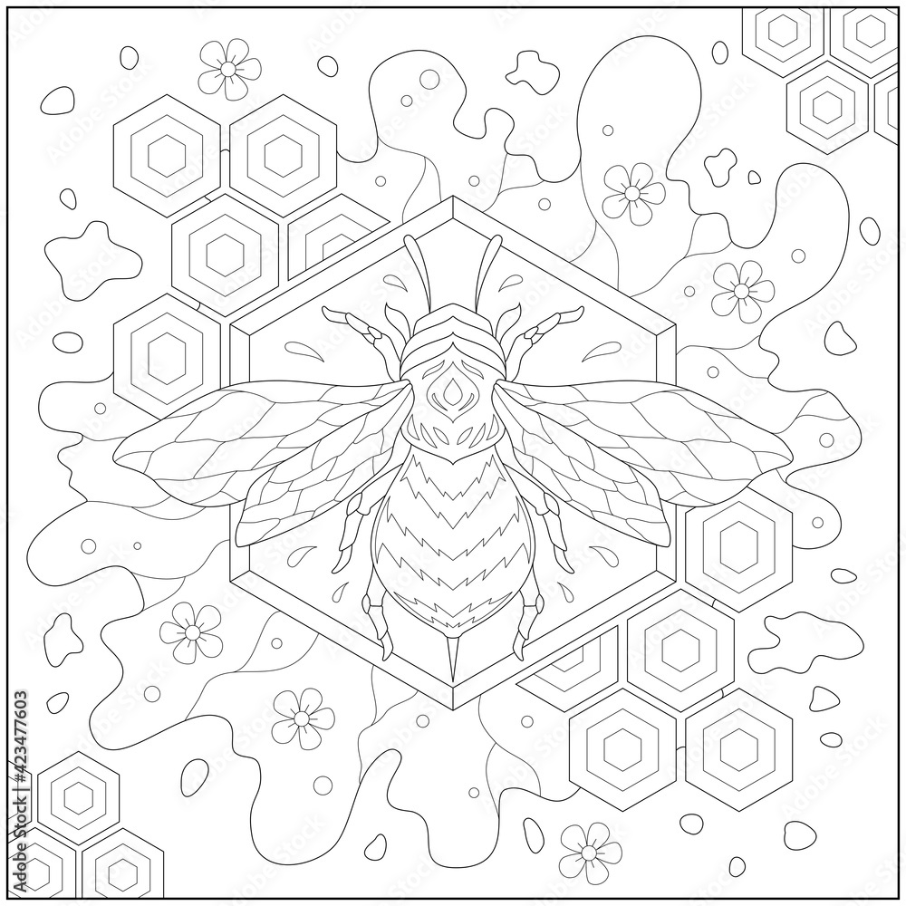 Fantasy bee in the beeswax and honey with flower and beautiful hexagon border. Learning and education coloring page illustration for adults and children. Outline style, black and white drawing.