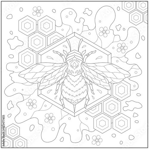 Fantasy bee in the beeswax and honey with flower and beautiful hexagon border. Learning and education coloring page illustration for adults and children. Outline style, black and white drawing.