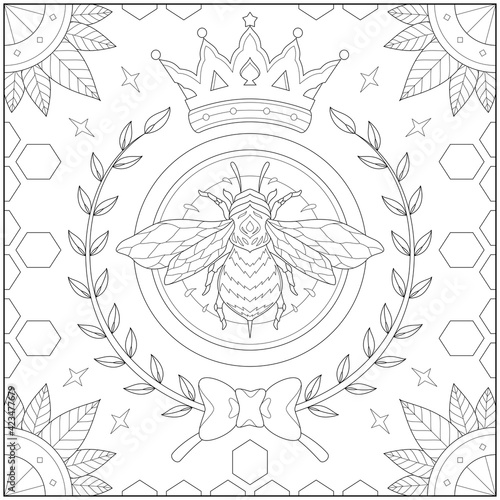 Beautiful king bee with plant border ribbon and beeswax . Learning and education coloring page illustration for adults and children. Outline style, black and white drawing.