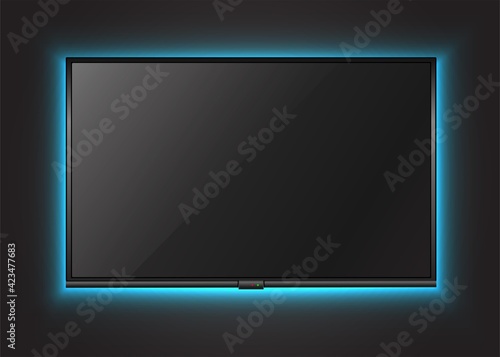 3d realistic vector TV scree on the wall with neon light.