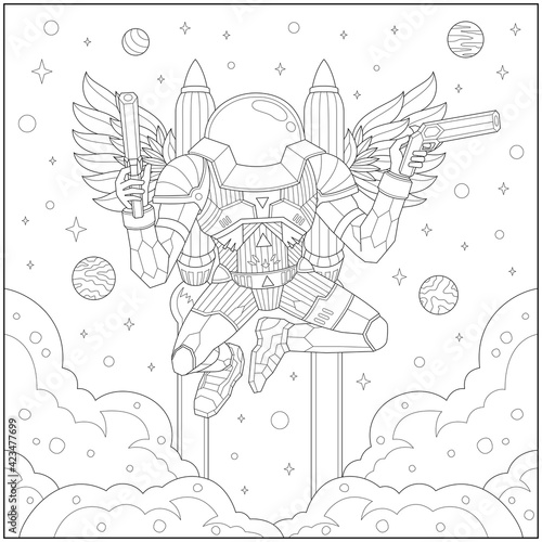 Fantasy flying astronaut robot in the sky with weapon and jetpack. Learning and education coloring page illustration for adults and children. Outline style, black and white drawing.