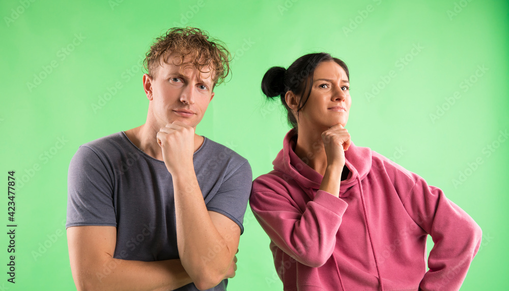 Fototapeta premium Positive thinking, couple in thoughts, cheerful people concept. 