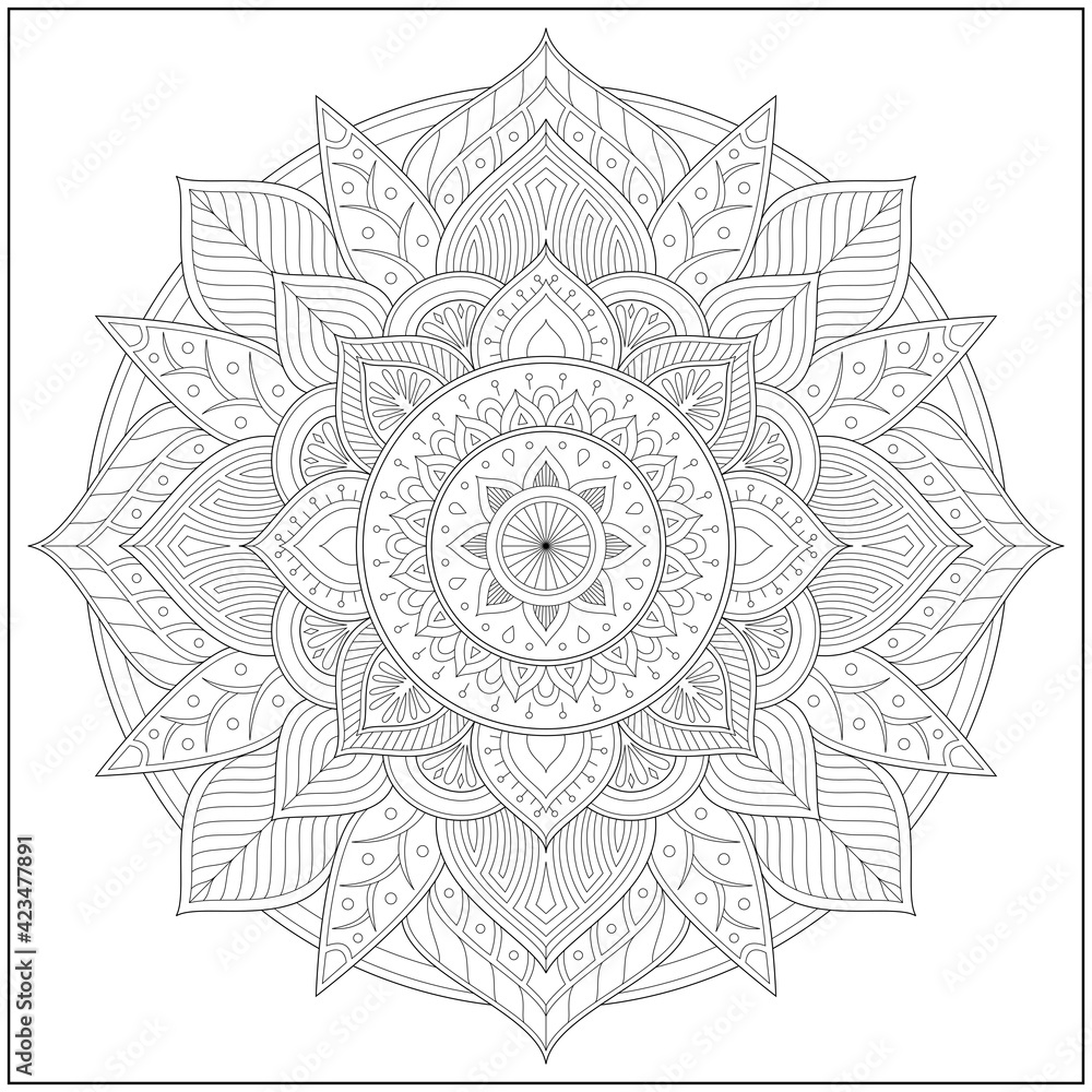 Circular pattern in form of mandala for learning and education. Coloring page illustration for adults and children. Outline style, black and white drawing. Circular pattern in form of mandala for learning and education. Coloring page illustration for adults and children. Outline style, black and white drawing.