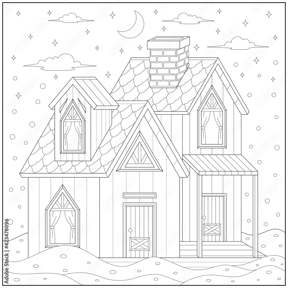 Big house in the winter season. Learning and education coloring page illustration for adults and children. Outline style, black and white drawing.