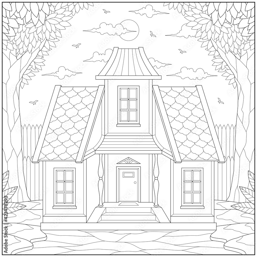 Amazing house in the forest for peace can calm atmosphere and meditation. Learning and education coloring page illustration for adults and children. Outline style, black and white drawing.