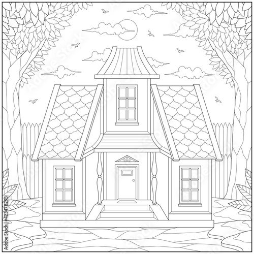 Amazing house in the forest for peace can calm atmosphere and meditation. Learning and education coloring page illustration for adults and children. Outline style  black and white drawing.