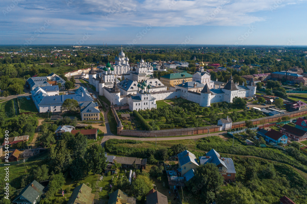 Rostov Kremlin in the cityscape on a July day (aerial photography). Golden ring of Russia