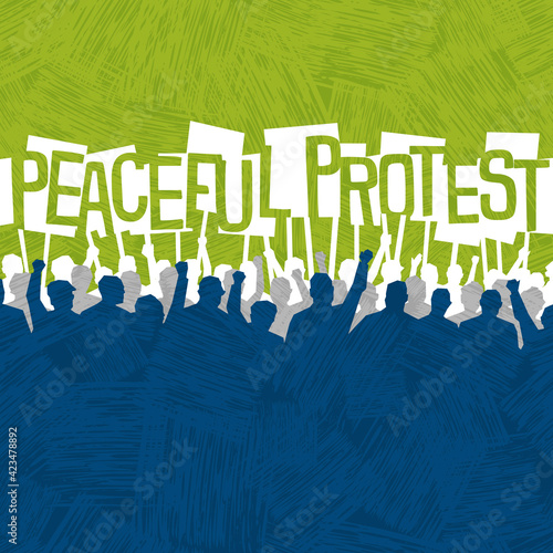 Design template. Many people with signs peacefully protesting. Space for text.