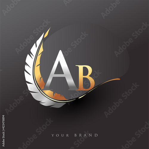 Initial letter AB logo with Feather Gold And Silver Color, Simple and Clean Design For Company Name. Vector Logo for Business and Company.