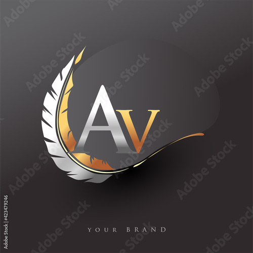 Initial letter AV logo with Feather Gold And Silver Color, Simple and Clean Design For Company Name. Vector Logo for Business and Company.