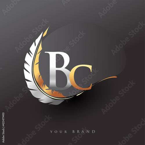 Initial letter BC logo with Feather Gold And Silver Color, Simple and Clean Design For Company Name. Vector Logo for Business and Company.