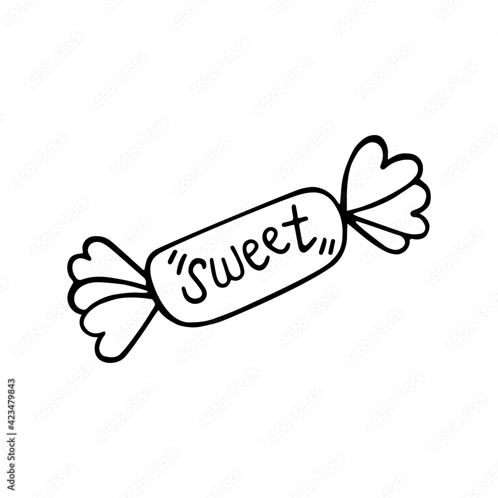 Cute hard candy with the inscription sweet. Black and white candy