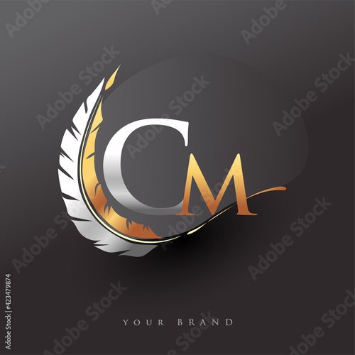 Initial letter CM logo with Feather Gold And Silver Color, Simple and Clean Design For Company Name. Vector Logo for Business and Company.