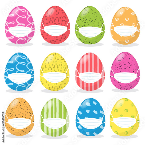 Happy Easter concept with cartoon colored eggs set in medical protective face mask For Avoid Coronavirus, Stay Home And Stay Safe. Easter celebration during the coronavirus pandemic. Flat illustration