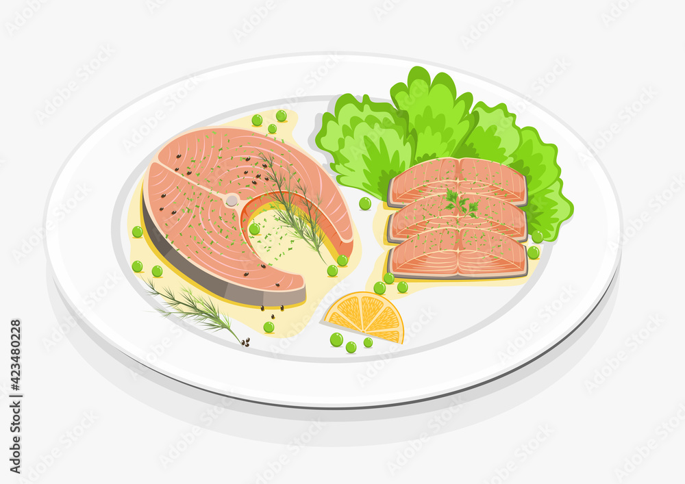 salmon steak and vegetables on a white plate salmon steak and vegetables on a white plate