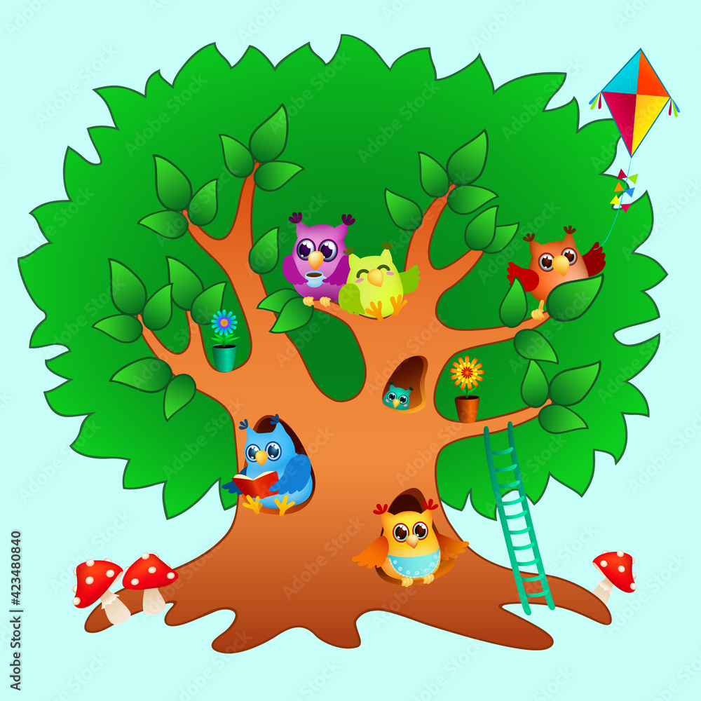 Obraz premium funny cartoon owls family on big green tree. cute colored birds on branches and in hollows. fairy tale home for little owls. vector illustration 