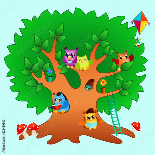 funny cartoon owls family on big green tree. cute colored birds on branches and in hollows. fairy tale home for little owls. vector illustration 