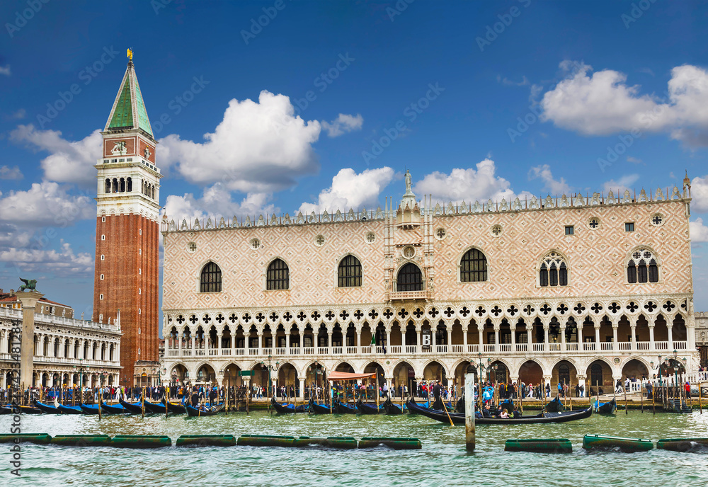 View from the Grand Canal of the Doge's Palace, the bell tower of the Basilica of St. Mark and the library of St. Mark. Venice, Italy