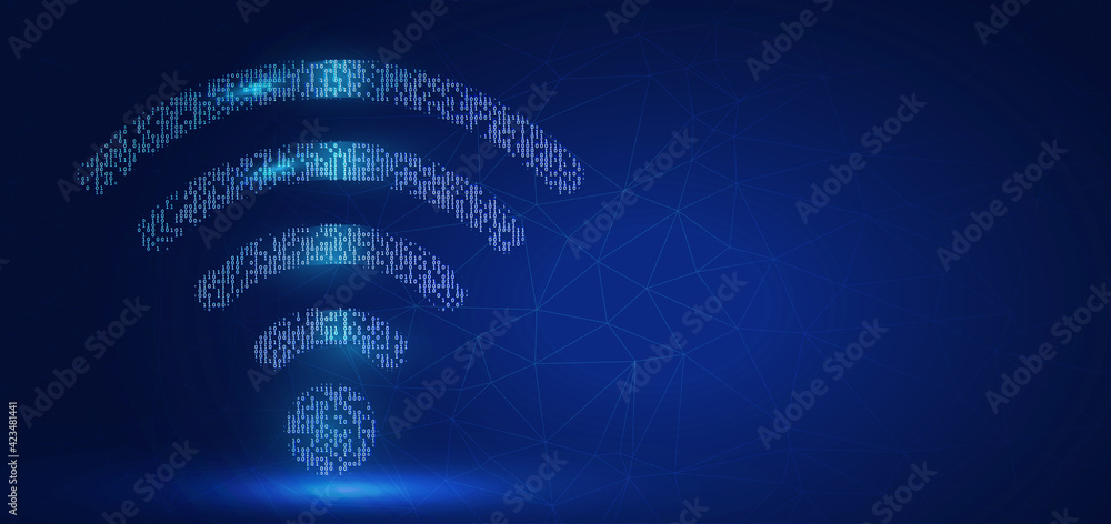Wireframe geometric polygonal design. High-speed big data transfer broadband. Wi-Fi signal icon on the left with copy space on the right. Low poly internet wire frame digital vector illustration. - obrazy, fototapety, plakaty 