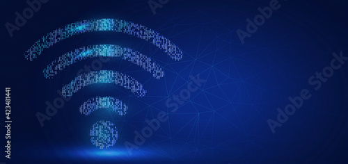 Wireframe geometric polygonal design. High-speed big data transfer broadband. Wi-Fi signal icon on the left with copy space on the right. Low poly internet wire frame digital vector illustration.