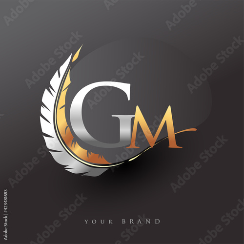 Initial letter GM logo with Feather Gold And Silver Color, Simple and Clean Design For Company Name. Vector Logo for Business and Company.