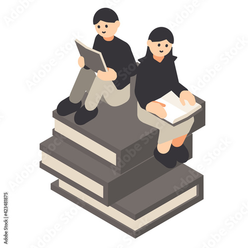 積み上げた本に座って読書する男性と女性