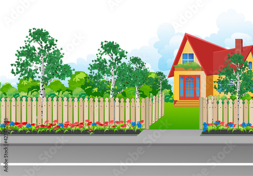 Landscape with a small house surrounded by garden, with a wooden fence and a grill gate in a realistic style. Vector illustration.