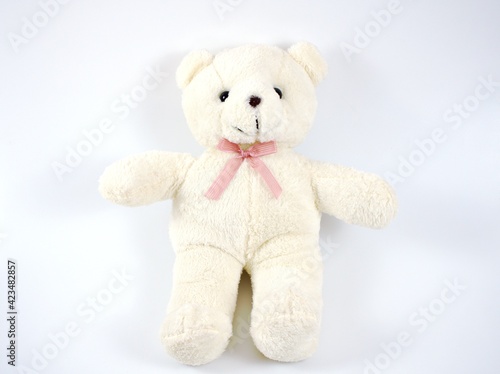 Teddy bear toy isolated on white background ,happy valentines day ,teddy bear with pink ribbon and heart 