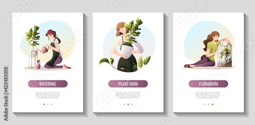 Set of a4 flyters for houseplants store, greenhouse, florarium, home garden, gardening, plant lover. Vector illustration for poster, banner, flyer, advertising, commercial, promo. 