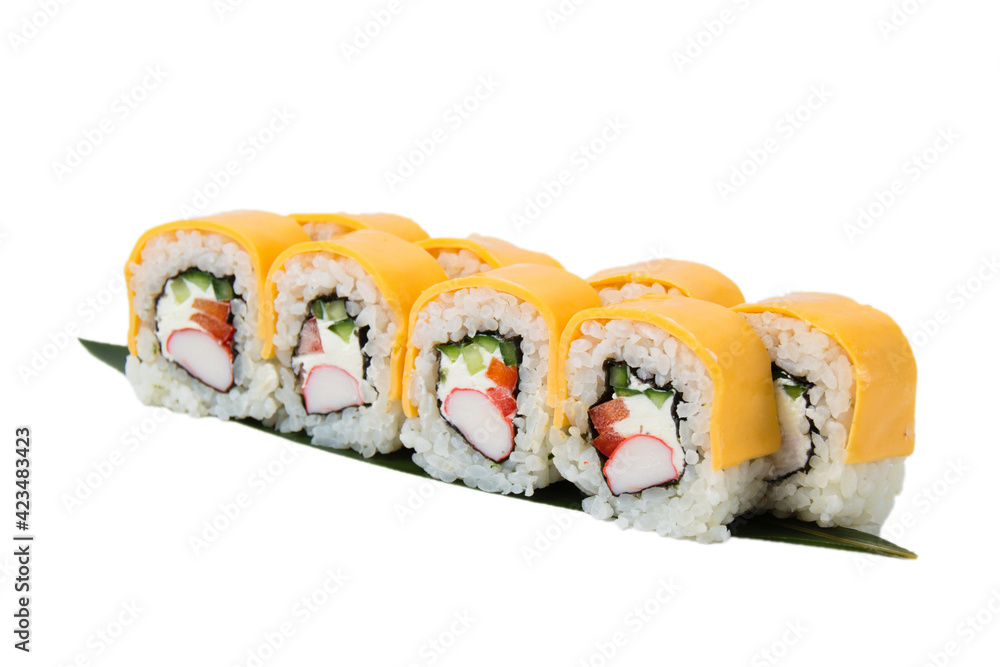 Japanese food isolate on a white background. Rolls with chedar cheese, crab stick, cucumber, rice, nori and cream cheese copy space Japanese food isolate on a white background. Rolls with chedar cheese, crab stick, cucumber, rice, nori and cream cheese copy space