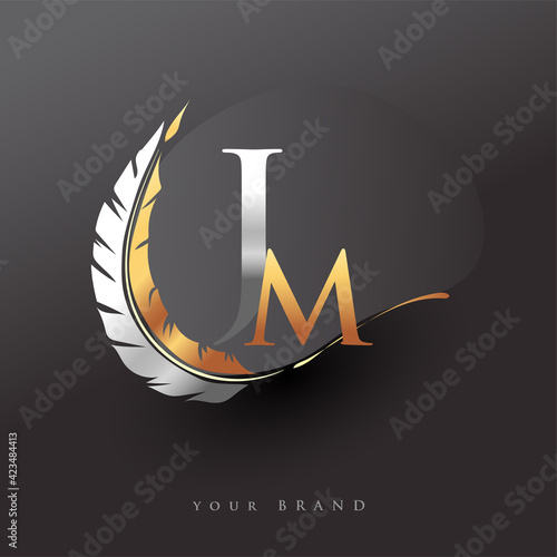Initial letter JM logo with Feather Gold And Silver Color, Simple and Clean Design For Company Name. Vector Logo for Business and Company.