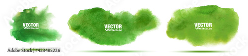 Green abstract hand drawn watercolor background set. Watercolor color splashing on the paper. Vector illustration.