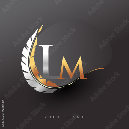 Initial letter LM logo with Feather Gold And Silver Color, Simple and Clean Design For Company Name. Vector Logo for Business and Company.