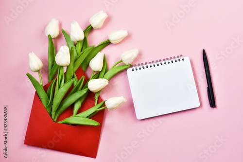Fototapeta Naklejka Na Ścianę i Meble -  White tulips spring in envelope with notebook on pink background. Flower delivery concept. Mother's day, woman's day, valentines day. Greeting card. Copy space, flat lay. Creative composition