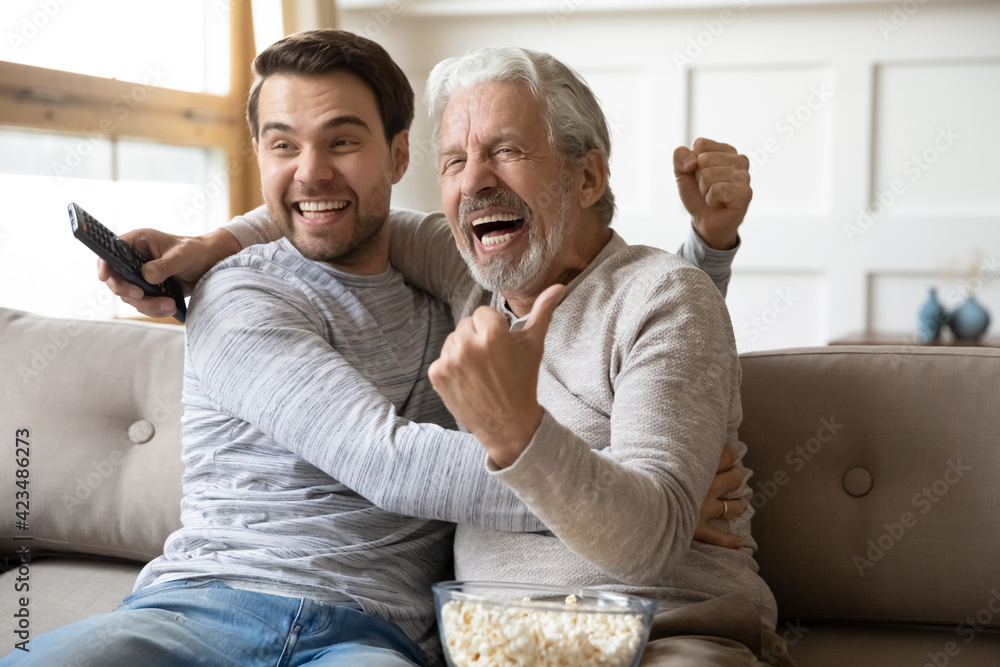 © fizkes - Overjoyed millennial Caucasian man and mature father relax at home watch football match online celebrate goal win. Happy older dad and adult grownup son enjoy team victory enjoying game on TV.