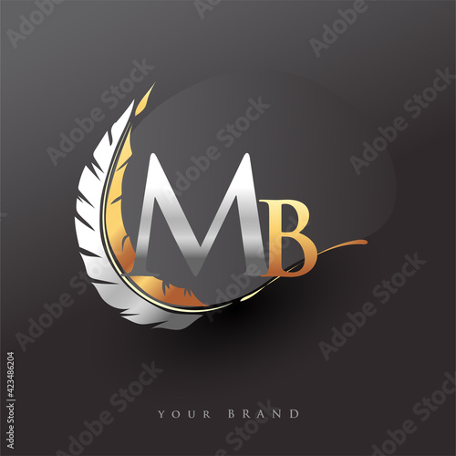 Initial letter MB logo with Feather Gold And Silver Color, Simple and Clean Design For Company Name. Vector Logo for Business and Company.