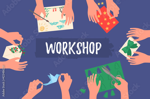 Creative kids lab, top view, kids hands. Classroom preschool activity concept. Creative lab, design or teamwork. Cutting paper, painting, knitting, embroidery, applique, sewing. Vector illustration.