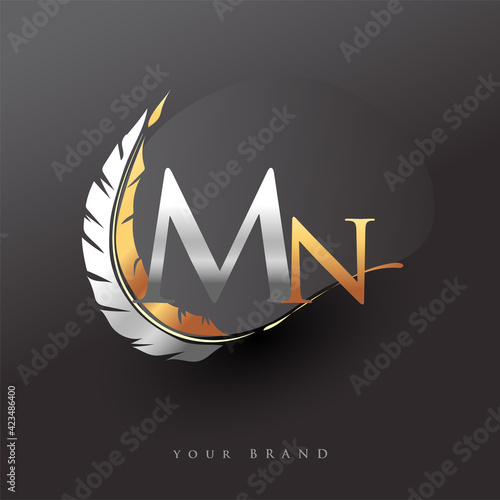 Initial letter MN logo with Feather Gold And Silver Color, Simple and Clean Design For Company Name. Vector Logo for Business and Company.