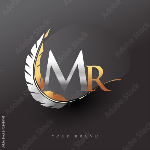 Initial letter MR logo with Feather Gold And Silver Color, Simple and Clean Design For Company Name. Vector Logo for Business and Company.