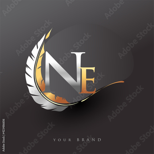 Initial letter NE logo with Feather Gold And Silver Color, Simple and Clean Design For Company Name. Vector Logo for Business and Company.