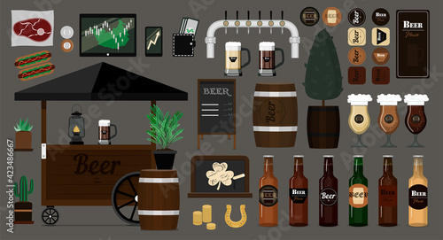 Big vector beer set. Items for the interior and exterior of the bar. Flat vector images of beer cart, glasses with different varieties of light and dark beer. Logos and objects isolated on a gray