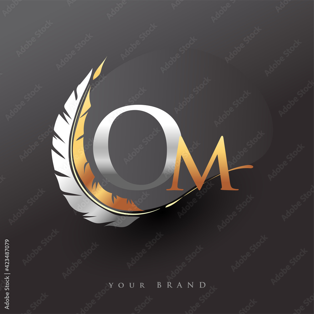Initial letter OM logo with Feather Gold And Silver Color Simple