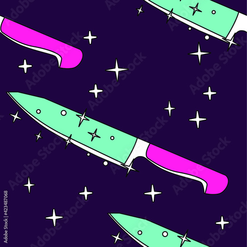 Seamless Pattern with Kitchen Knives. Trendy texture for fabric apparel textile, wallpaper, wrapping paper.