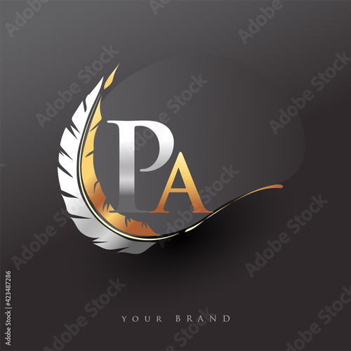 Initial letter PA logo with Feather Gold And Silver Color, Simple and Clean Design For Company Name. Vector Logo for Business and Company.