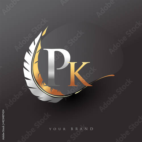 Initial letter PK logo with Feather Gold And Silver Color, Simple and Clean Design For Company Name. Vector Logo for Business and Company.