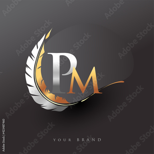 Initial letter PM logo with Feather Gold And Silver Color, Simple and Clean Design For Company Name. Vector Logo for Business and Company.